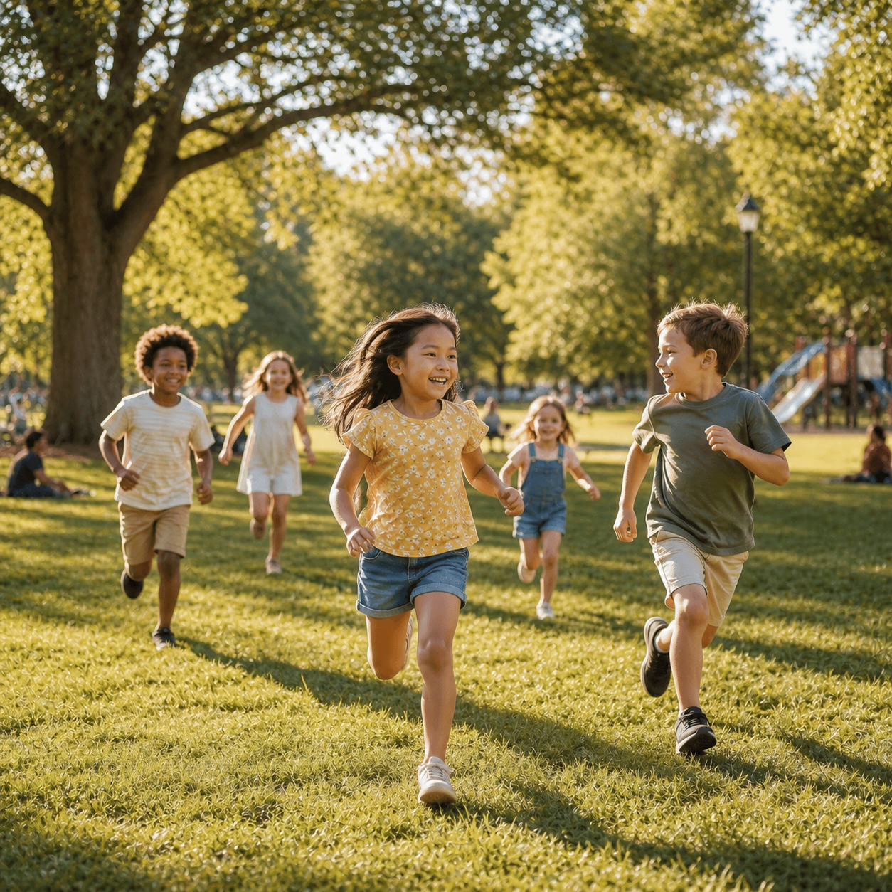 Children running through a sunny park