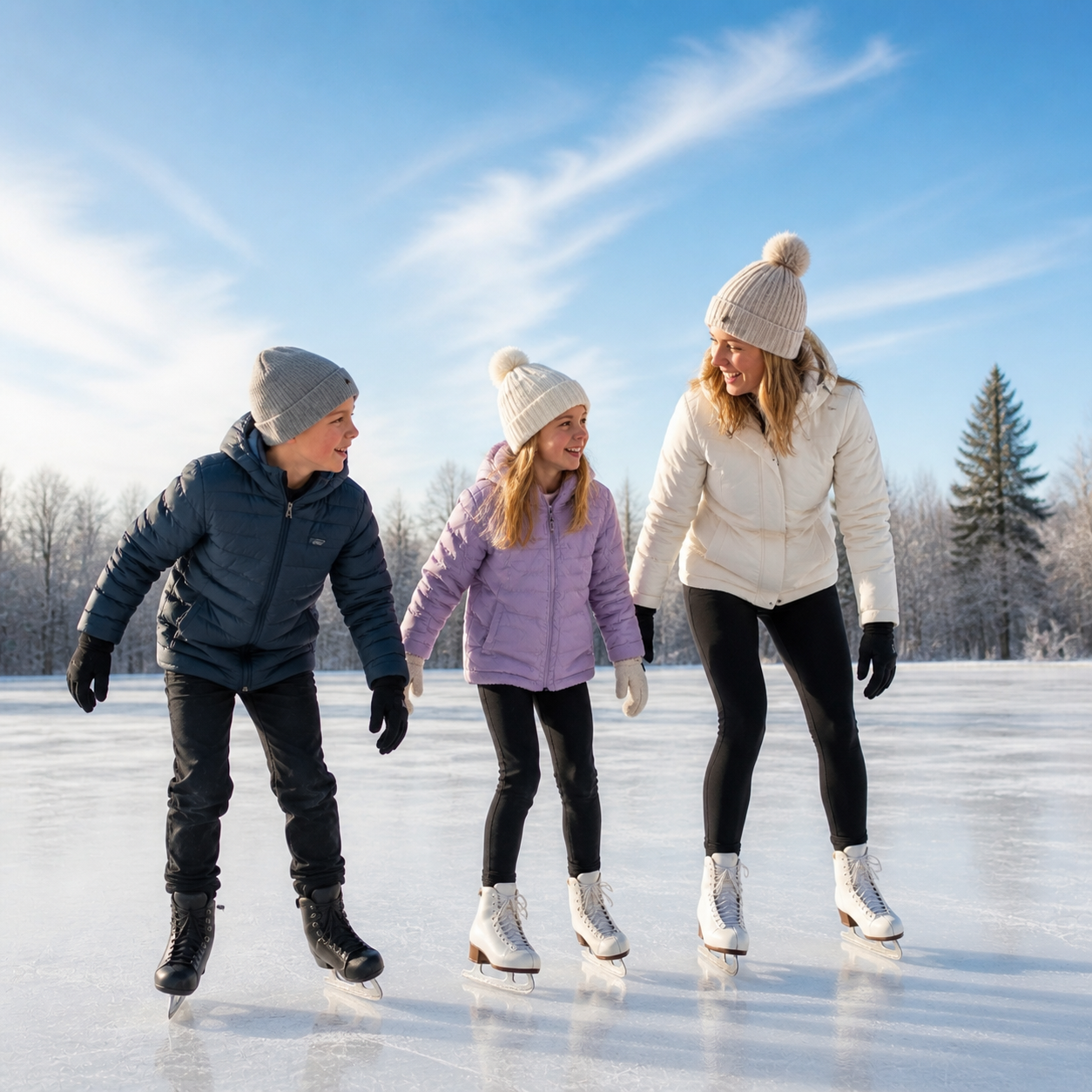 Family ice skating outdoors