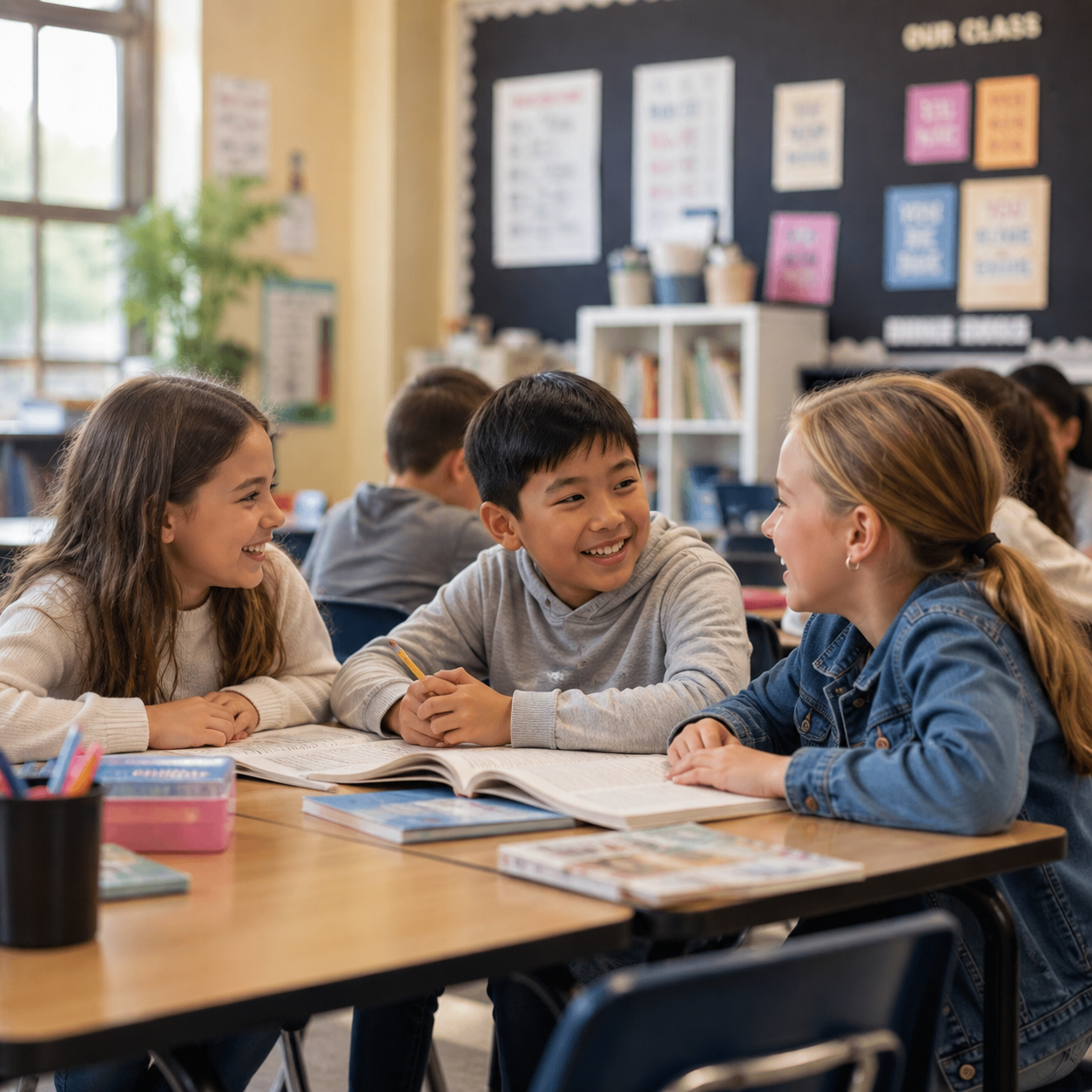 Students at desks in a classroom
