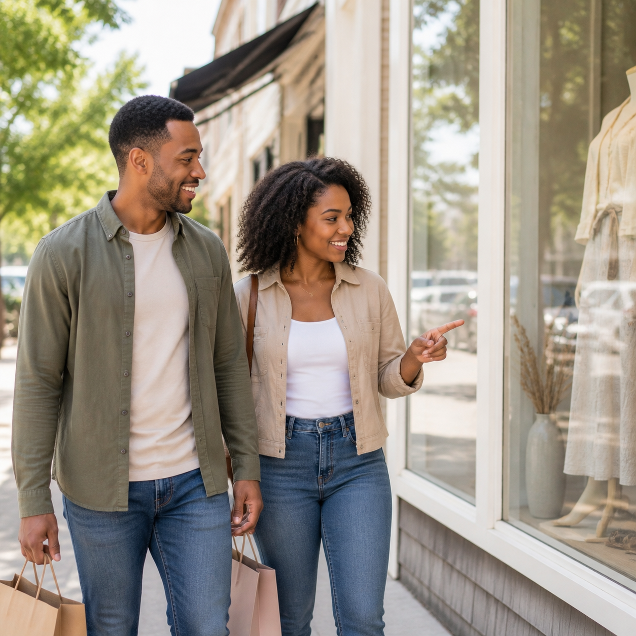 Couple shopping along a storefront street