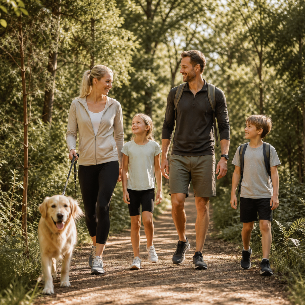 Family walking a dog along a forest trail