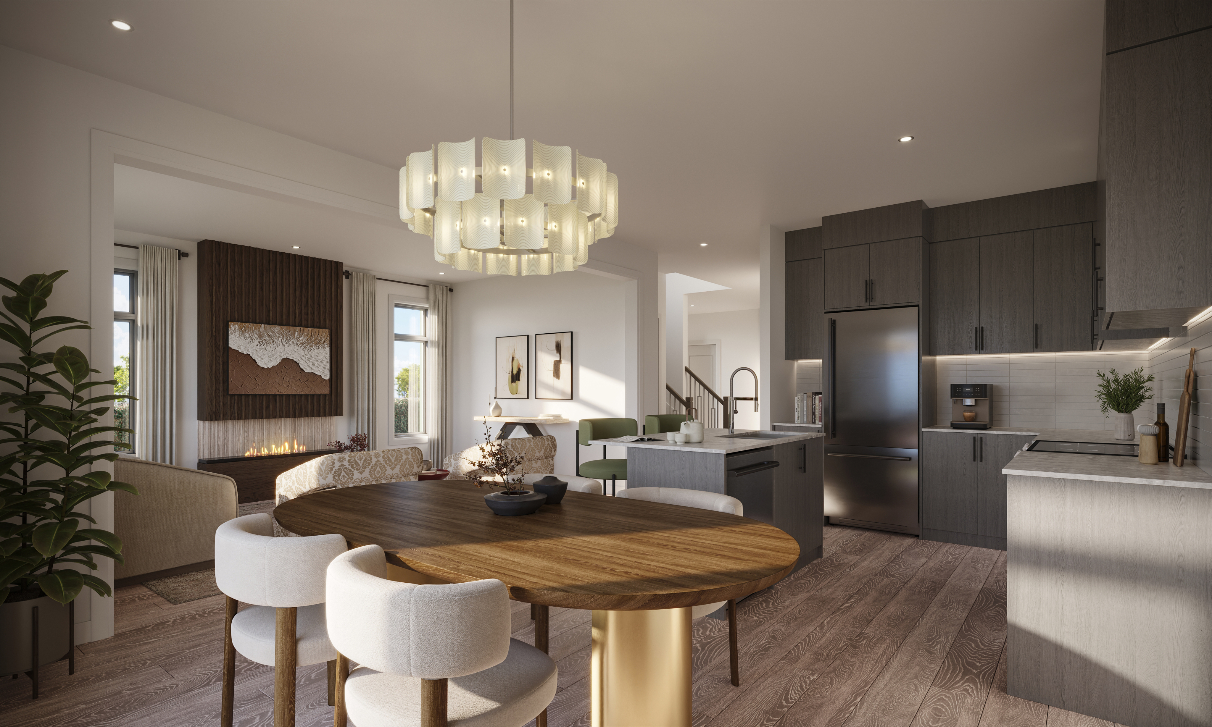 Open-plan dining room, kitchen and living space in a Solmar home