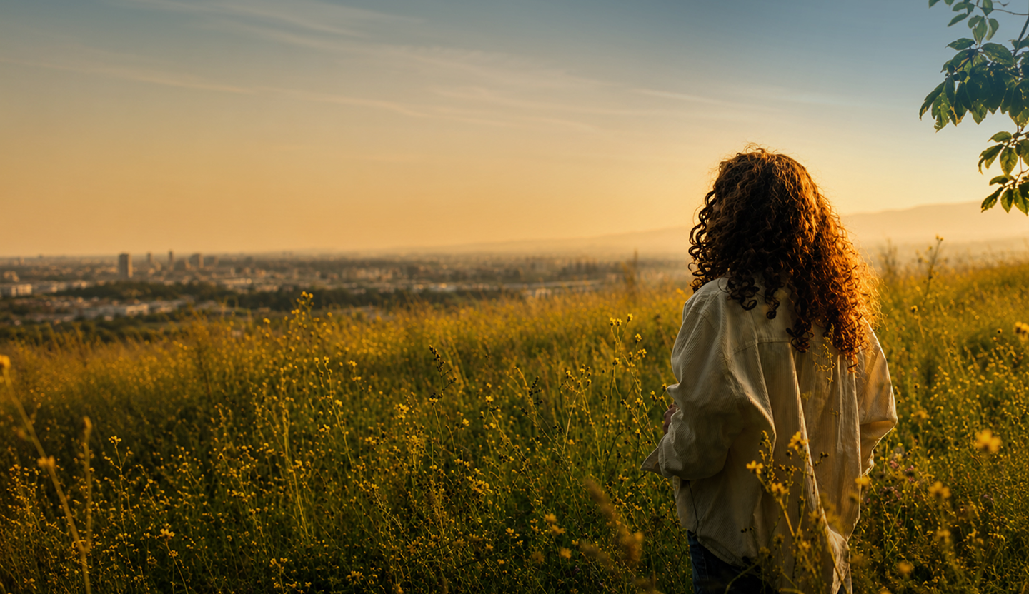 A person looking out over golden fields in Upper Bolton